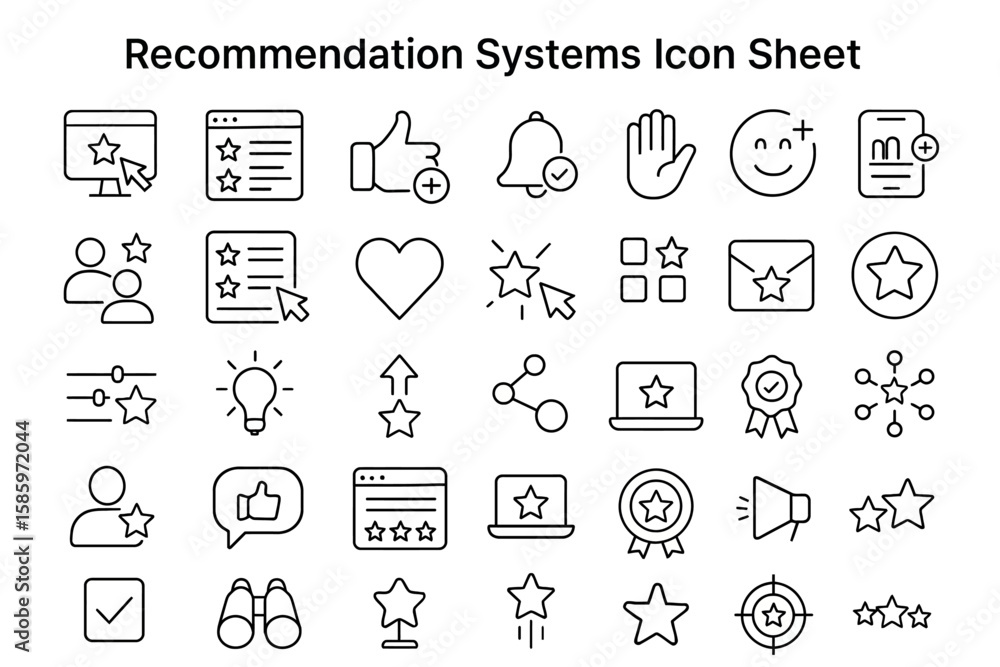 Poster recommendation system icon sheet: an illustrative representation of various icons associated with re