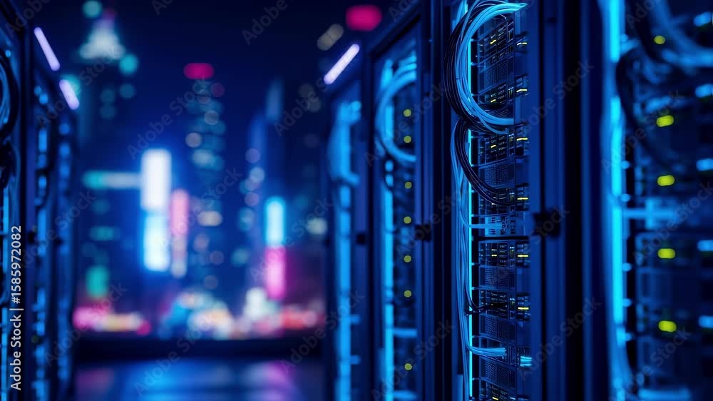 Poster server racks with blinking lights create a futuristic atmosphere, reflecting the vibrant cityscape t