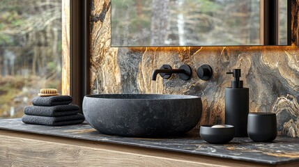 Dark gray stone bathroom sink with black accessories