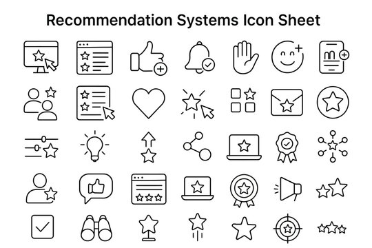Recommendation System Icon Sheet: An illustrative representation of various icons associated with recommendation systems, offering a clear visual guide for digital interfaces. 