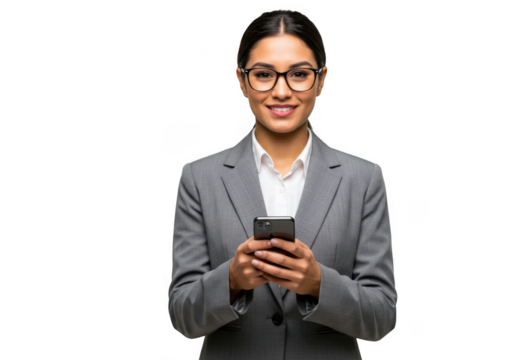 Smiling business woman wearing glasses holding a smartphone isolated on transparent background