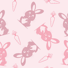 Seamless pink bunny pattern featuring cute cartoon rabbits and outlined carrots on a soft pastel pink background. Perfect for baby products, kids’ fabric, nursery decor, and Easter designs.
