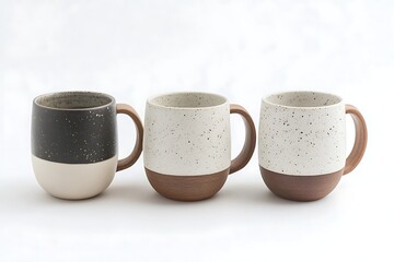 Three Ceramic Coffee Mugs with Wooden Handles on White Background