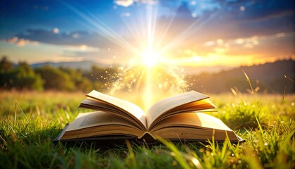 Open book in a grassy field bathed in golden light