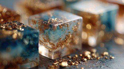 Colorful resin cubes with gold flakes and shimmering textures on a dark surface for artistic display