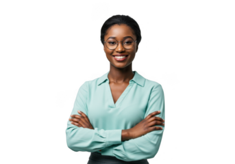 Smiling young african woman wearing glasses and a light blue blouse with arms crossed isolated on transparent background