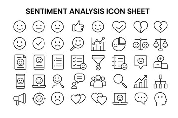 Sentiment Analysis Icon Sheet: A comprehensive collection of line icons representing various aspects of sentiment analysis, including emojis, feedback forms, charts and graphs.