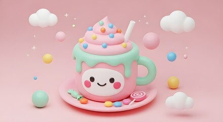 Cute kawaii style dessert drink in a cup with sprinkles and clouds on pink background