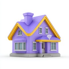 Purple house with yellow trim and wifi symbol 3d rendering