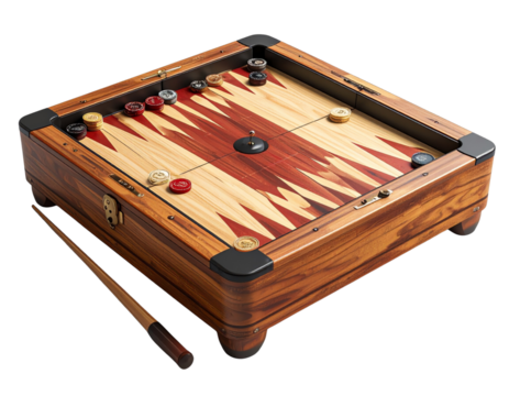 Angled Perspective of Carrom Board Corner with Coins Scattered, 3D Render, Transparent PNG