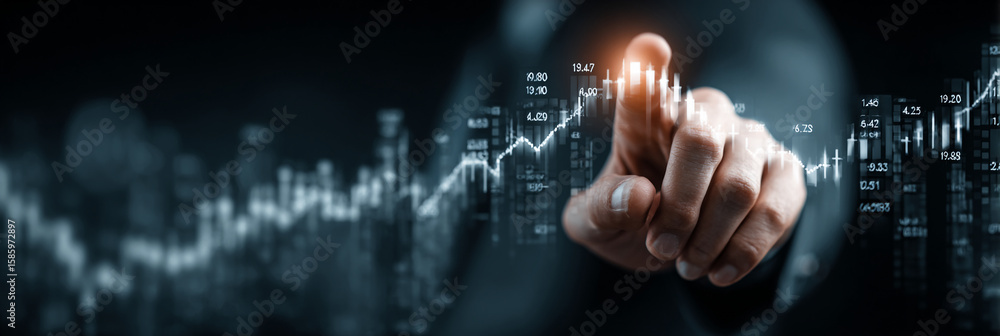 Poster a person pointing at a rising stock graph with data points displayed near