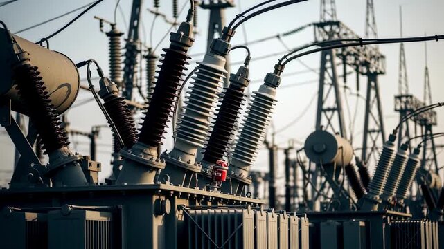 Electrical substation equipment distributes high voltage electricity through transformers and insulators, ensuring efficient power transmission across the network