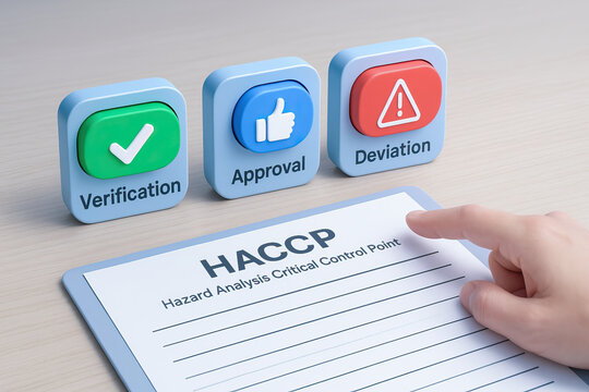 Hazard analysis critical control point document with verification, approval, and deviation icons, and hand pointing at paper on wooden surface