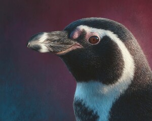 Penguin portrait with vibrant background colors.