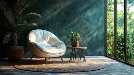 Teal living room interior design with armchair
