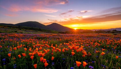 Fototapeta premium Sunset over a vibrant flower field
