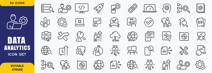 Data analytics icon set. Big data analysis technology symbol. Containing database, statistics, analytics, server, monitoring, computing and network icons