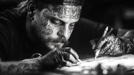 Tattoo artist working on design