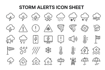 Storm Alerts Icon Sheet: A comprehensive set of monochrome icons detailing various weather phenomena, warning signs, and safety alerts in a graphic resource.