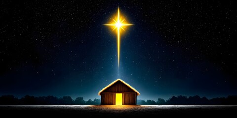 Nativity Scene Star of Bethlehem Shining Over Empty Manger in Night Landscape