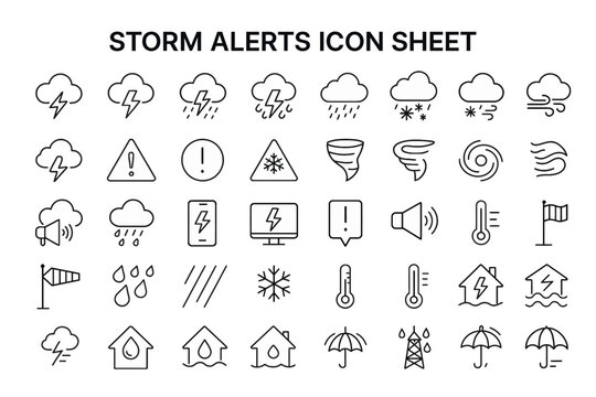 Storm Alerts Icon Sheet: A comprehensive set of monochrome icons detailing various weather phenomena, warning signs, and safety alerts in a graphic resource.
