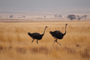 Ostriches sprinting gracefully across the golden plains at dusk