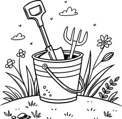 Hand-drawn green gardening tool set with plant and flower equipment isolated on white