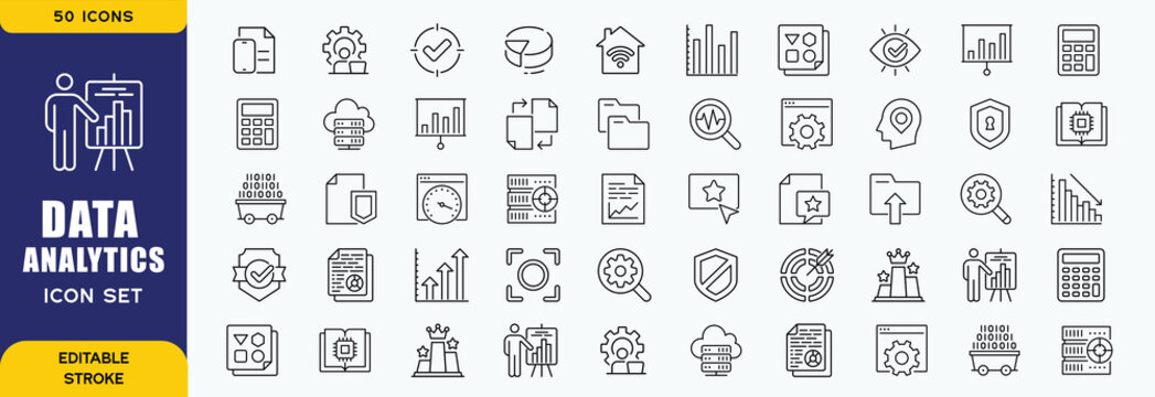 Set of 50 outline icons related to data analytics. Linear icon collection. Editable stroke. Vector illustration
