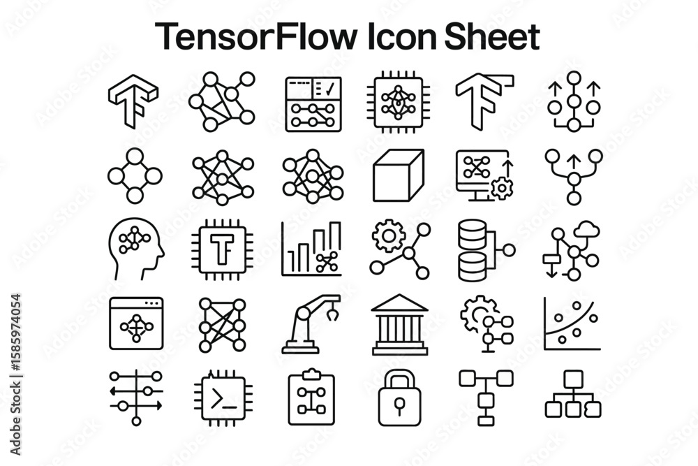 Poster tensorflow icons: a comprehensive collection of clean and modern line icons representing various asp