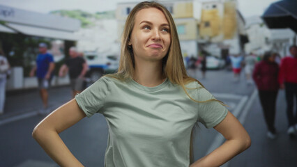 Woman standing confidently on a bustling city street wearing casual clothing, portraying an...