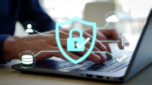 Data Security Cyber Safety Businessman Typing on Laptop with Shield Protection and Security Icons Overlay