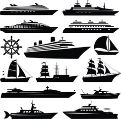 Vector Solid Ship and Boat Icons: A Nautical Collection of Cruisers, Yachts, and Sailboats.