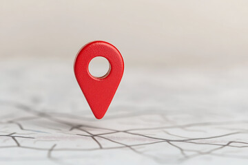 Location marker on a map pinpointing destination. A red, drop-shaped pin hovers over the detailed lines, representing a place of interest or a specific stop.