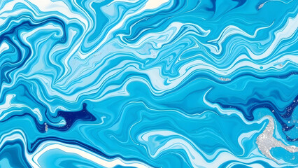 Obraz premium Vibrant blue and white liquid marble background with swirling patterns and shimmering silver details.