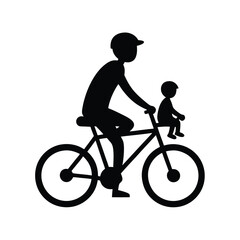 Obraz premium Silhouette of person cycling with child seated in back carrier with white background