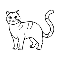 Simple outline drawing of a tabby cat standing and looking forward isolated on white background