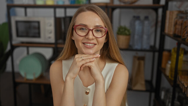 Woman smiling in modern office interior wearing glasses with long blonde hair, appearing professional and approachable in a business environment surrounded by shelves and decor.
