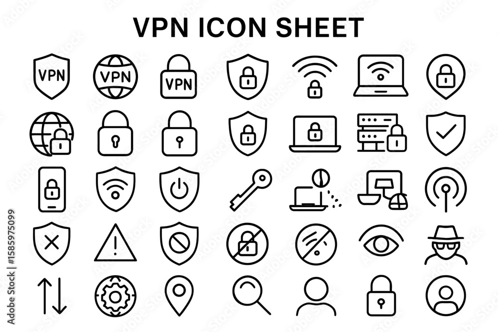 Poster vpn icon sheet: a comprehensive collection of minimalistic icons symbolizing digital security, data 