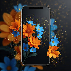 Blank Smartphone Screen with Orange and Blue Flowers for Mockup and Branding Design

