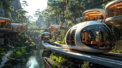 Futuristic elevated homes aerial train