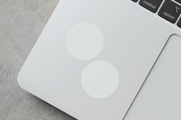 glued sticker for mockup. round stickers set collection. realistic paper on laptop background. blank space for creative design.3d high resolution rendering.