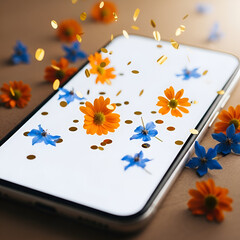 Blank Smartphone Screen with Orange and Blue Flowers for Mockup and Branding Design

