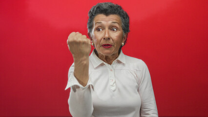 Senior woman with grey hair expressing strong emotions and clenching a fist against a vibrant red...