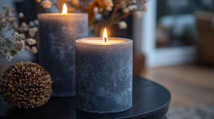 Gray candles on table with dried flowers