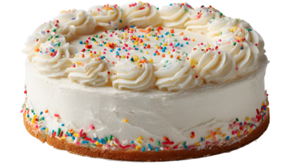 Frosting a round vanilla cake with buttercream frosting isolated on a white background