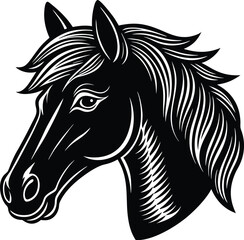 A black and white graphic of a horse head with a flowing mane