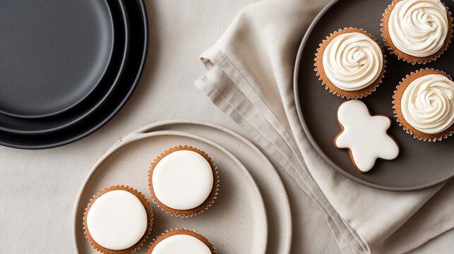 Autumn cupcakes with white frosting and blank space for logo or text. Homemade fall desserts on neutral ceramic plates with copyspace for branding mockup.