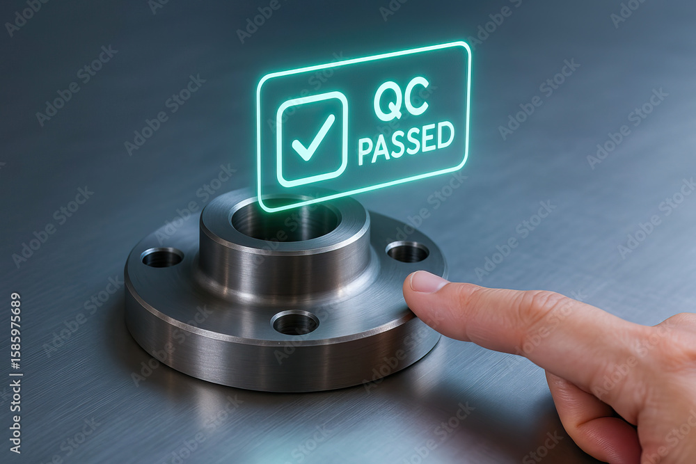 Poster quality control passed concept with finger pointing on metal flange part and holographic check mark 