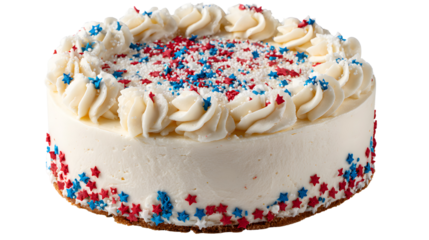 Frosting a round vanilla cake with buttercream frosting isolated on a white background