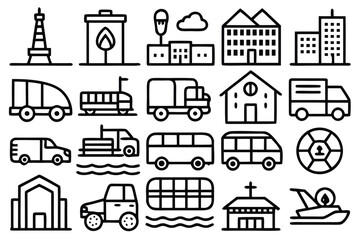 Set of black and white line icons depicting buildings and vehicles icon set transportation